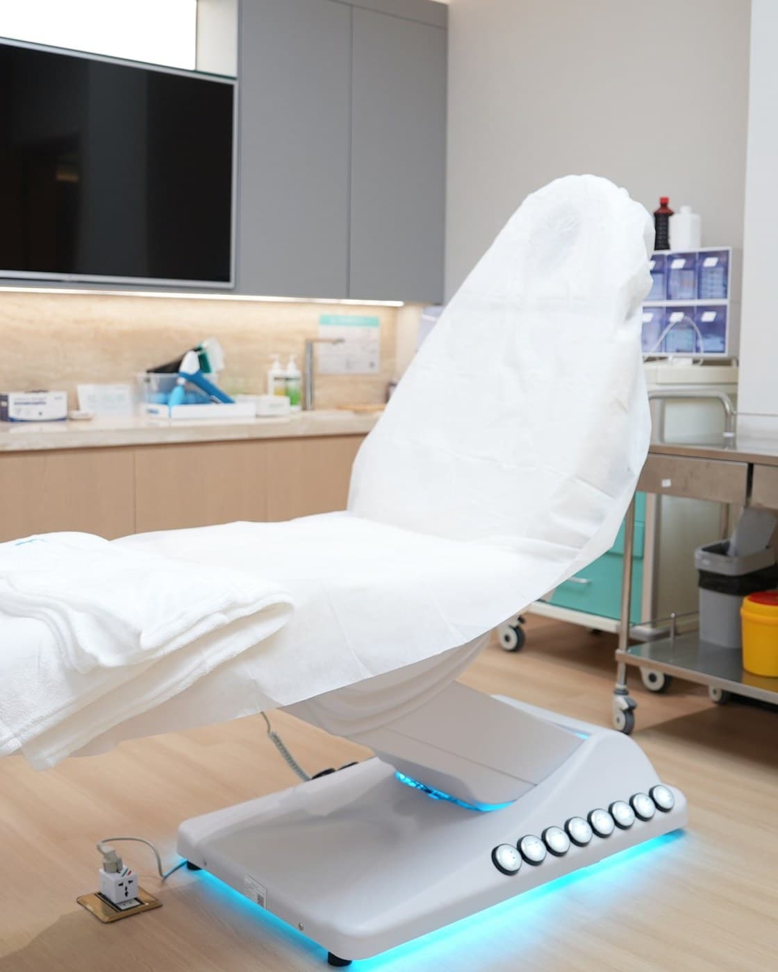 A treatment room, prepared for a session